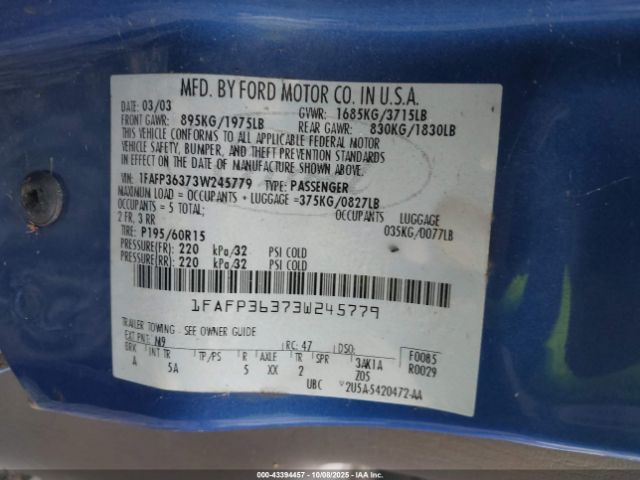 2003 FORD FOCUS 1FAFP36373W245779 Photo 8