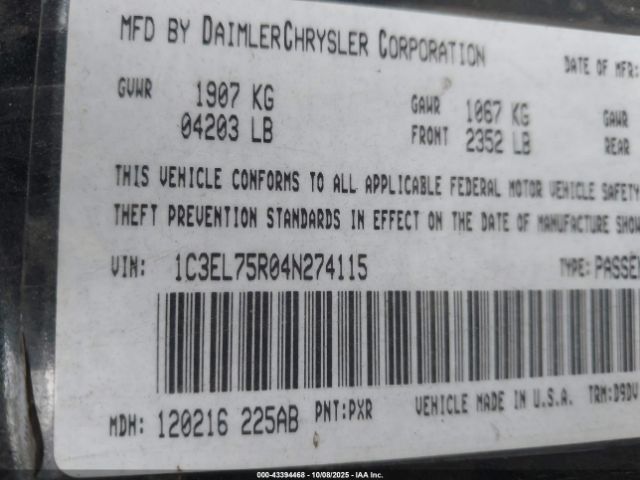 2004 CHRYSLER SEBRING 1C3EL75R04N274115 Photo 8