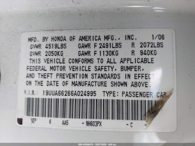 2006 ACURA TL 19UUA66266A024995 Photo 8