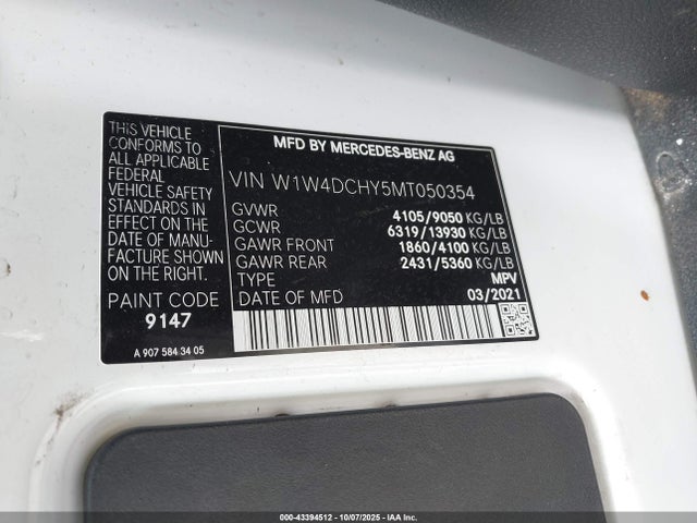 Продажа на аукционе авто 2021 Mercedes-benz Sprinter 2500 High Roof I4 Diesel, vin: W1W4DCHY5MT050354, номер лота: 43394512