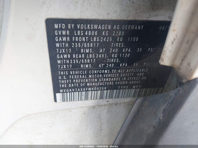 Volkswagen Tiguan 2015 WVGAV7AX8FW600258 Image 9