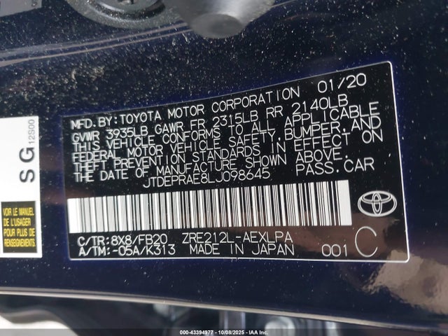 Продаж на аукціоні авто 2020 Toyota Corolla Le, vin: JTDEPRAE8LJ098645, номер лоту: 43394977