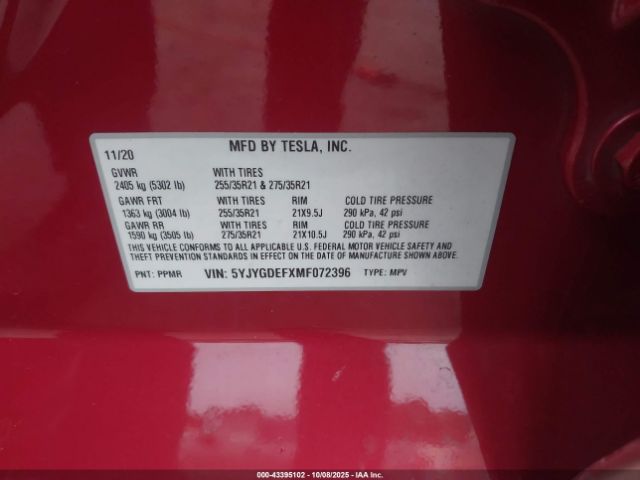 2021 TESLA MODEL Y 5YJYGDEFXMF072396 Photo 8
