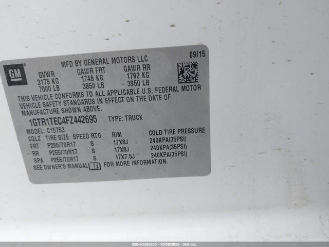 Aukcja sprzedaży 2015 Gmc Sierra 1500, vin: 1GTR1TEC4FZ442695, numer aukcji: 43395585