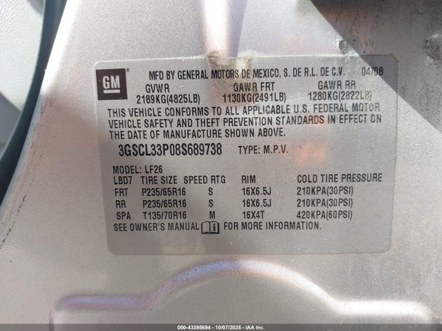 2008 SATURN VUE 3GSCL33P08S689738 Photo 8