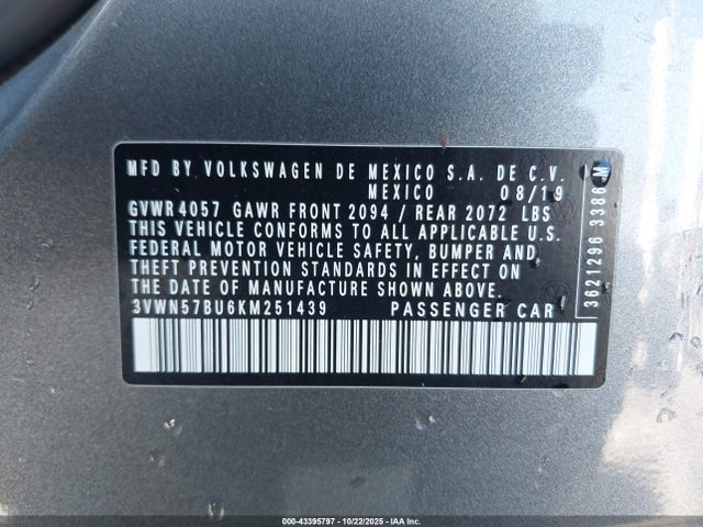 Продаж на аукціоні авто 2019 Volkswagen Jetta 1.4t S, vin: 3VWN57BU6KM251439, номер лоту: 43395797