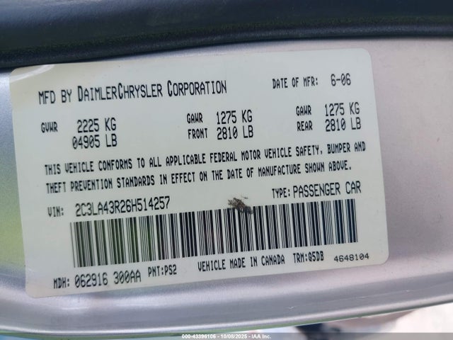 Aukcja sprzedaży 2006 Chrysler 300, vin: 2C3LA43R26H514257, numer aukcji: 43396106