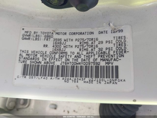 2000 LEXUS LX 470 JT6HT00W4Y0097592 Photo 8