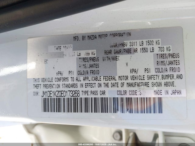 JM1DE1KZ0E0173268 Mazda zy california