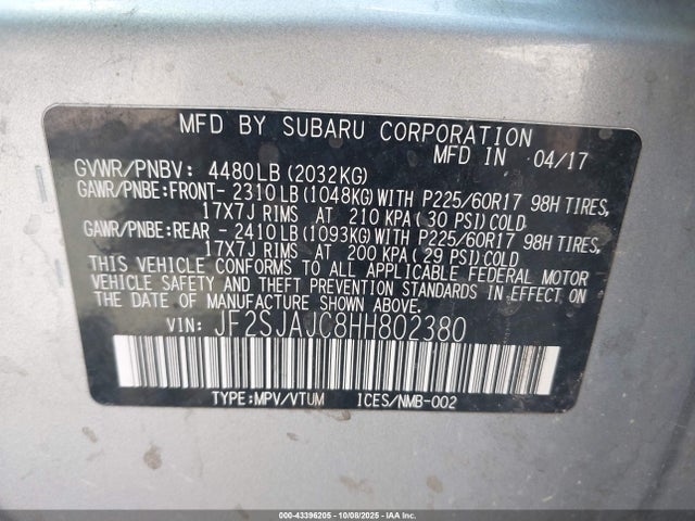 Subaru naturally aspirated u5 2017 JF2SJAJC8HH802380 Image 9