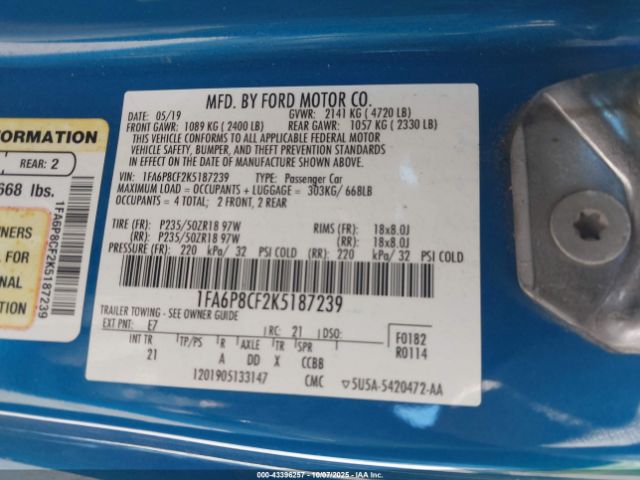 2019 FORD MUSTANG 1FA6P8CF2K5187239 Photo 8