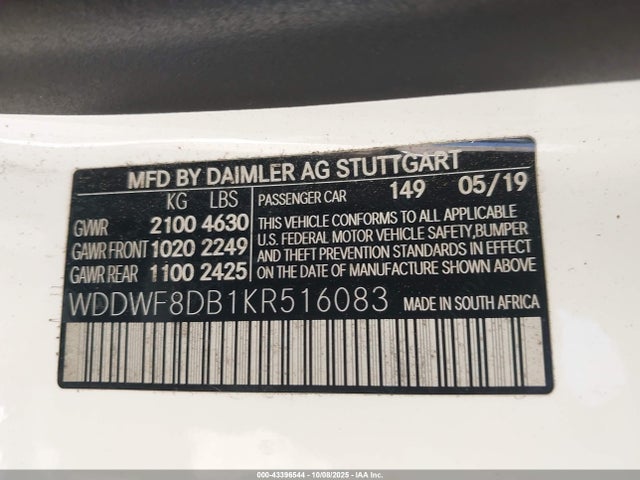 43396544 :رقم المزاد ، WDDWF8DB1KR516083 vin ، 2019 Mercedes-benz C 300 مزاد بيع