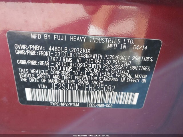 JF2SJAHC1FH435082 Subaru 2.5na u5