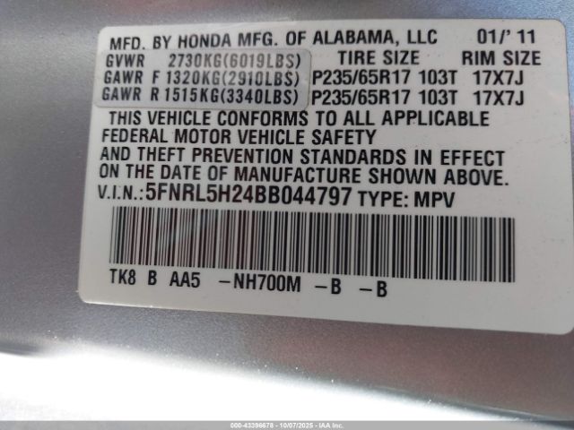 2011 HONDA ODYSSEY 5FNRL5H24BB044797 Photo 8