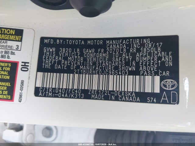 Toyota 2zr-fe 2018 2T1BURHE0JC965403 Image 9