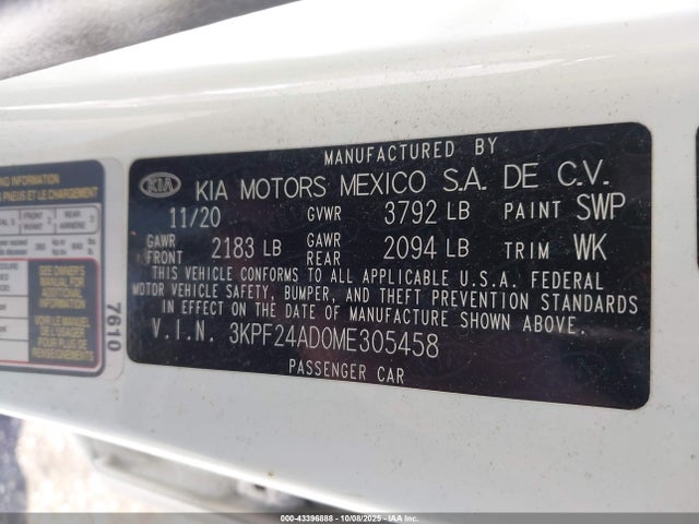 Продажа на аукционе авто 2021 Kia Forte Lxs, vin: 3KPF24AD0ME305458, номер лота: 43396888