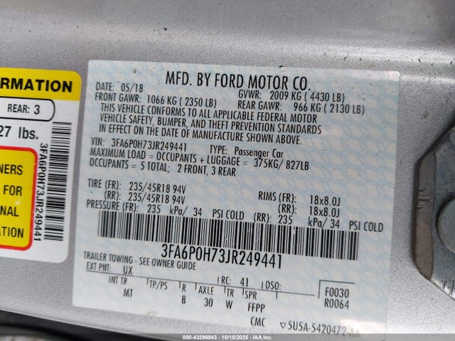 Продажа на аукционе авто 2018 Ford Fusion Se, vin: 3FA6P0H73JR249441, номер лота: 43396943
