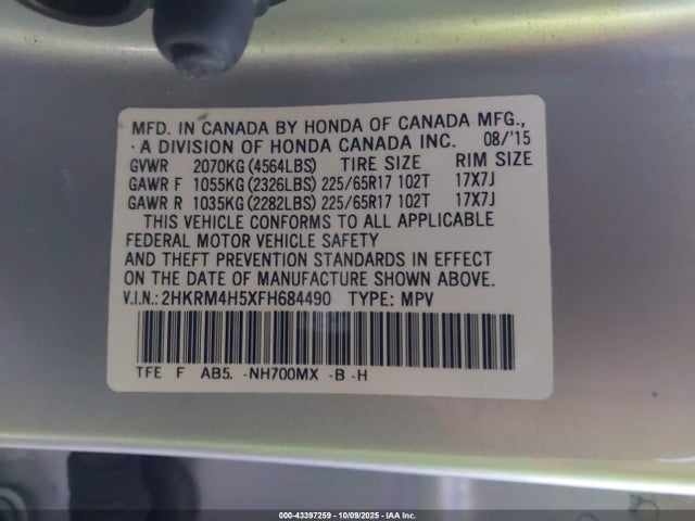 Honda k24w9 2015 2HKRM4H5XFH684490 Image 9