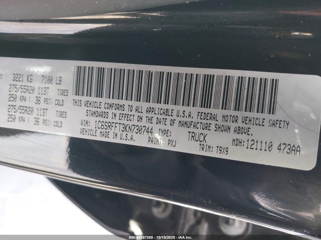 43397350 :رقم المزاد ، 1C6SRFFT3KN730744 vin ، 2019 Ram 1500 Big Horn/lone Star  4x4 5'7 Box مزاد بيع