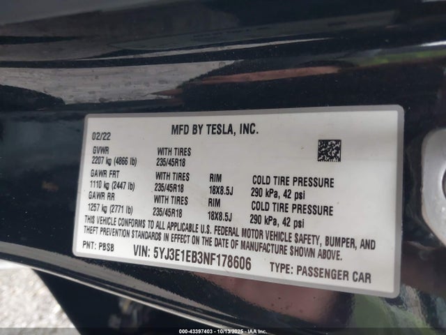 2022 TESLA MODEL 3 5YJ3E1EB3NF178606 Photo 8