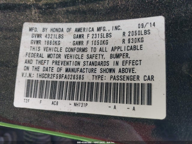 Honda k24w1 2015 1HGCR2F59FA026585 Image 9
