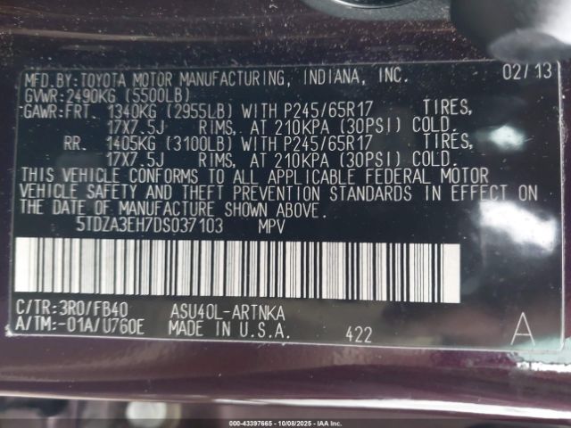 2013 TOYOTA HIGHLANDER 5TDZA3EH7DS037103 Photo 8