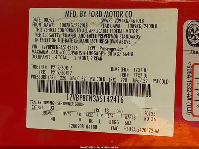 2010 FORD MUSTANG 1ZVBP8EN3A5142416 Photo 8