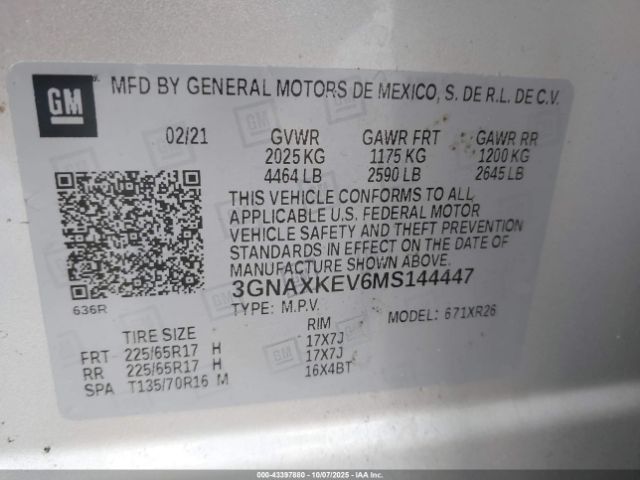 2021 CHEVROLET EQUINOX 3GNAXKEV6MS144447 Photo 8