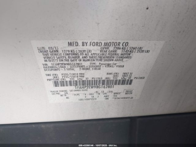 2011 FORD TAURUS 1FAHP2EW9BG162801 Photo 8