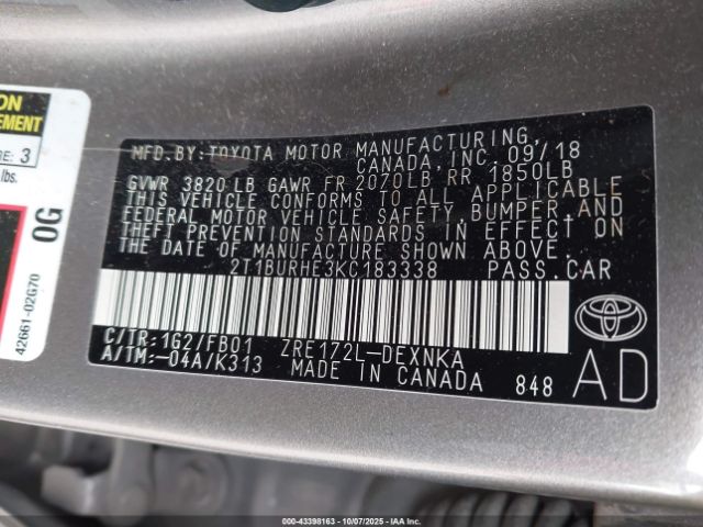 2019 TOYOTA COROLLA 2T1BURHE3KC183338 Photo 8