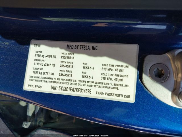 2019 TESLA MODEL 3 5YJ3E1EA7KF314898 Photo 8
