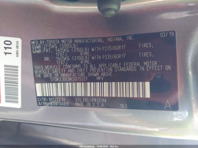 2019 TOYOTA SIENNA 5TDKZ3DC8KS015527 Photo 8