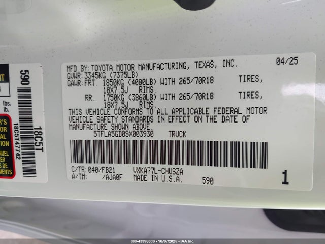 5TFLA5GD0SX003930 Toyota Tundra Sr5 4wd