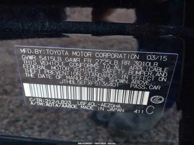 Продажа на аукционе авто 2015 Lexus Ls 460, vin: JTHBL5EFXF5136401, номер лота: 43398347
