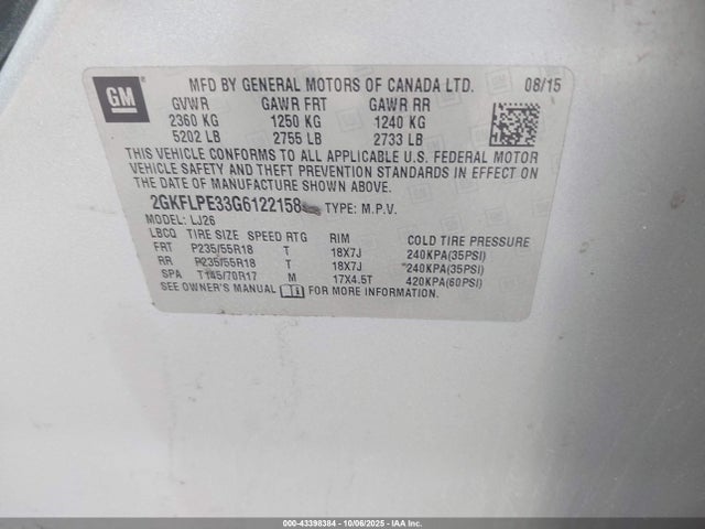 GMC lfx - sidi, vvt, e85 max, aluminum 2016 2GKFLPE33G6122158 Image 9