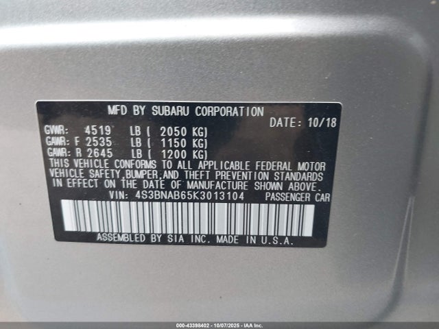 Продаж на аукціоні авто 2019 Subaru Legacy 2.5i, vin: 4S3BNAB65K3013104, номер лоту: 43398402
