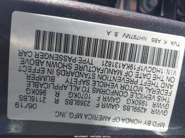 1HGCV1F19KA131821 Honda l15be