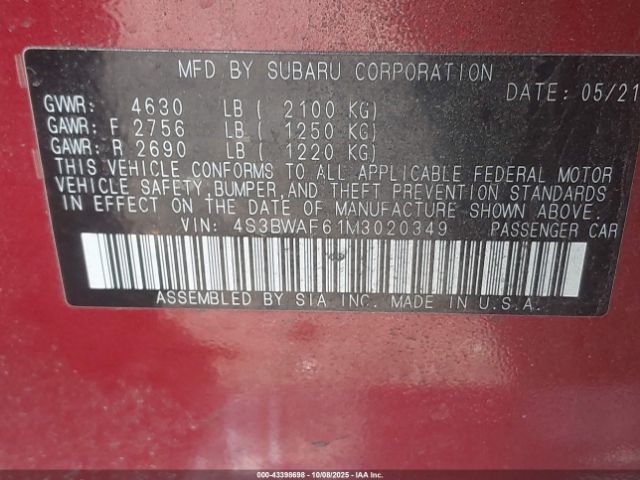 2021 SUBARU LEGACY 4S3BWAF61M3020349 Photo 8