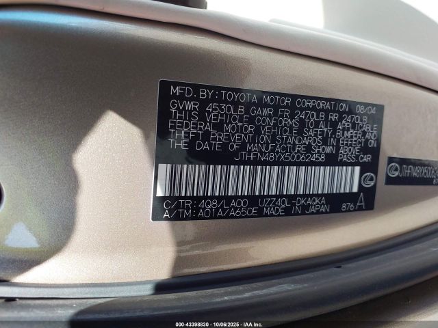 2005 LEXUS SC 430 JTHFN48YX50062458 Photo 8