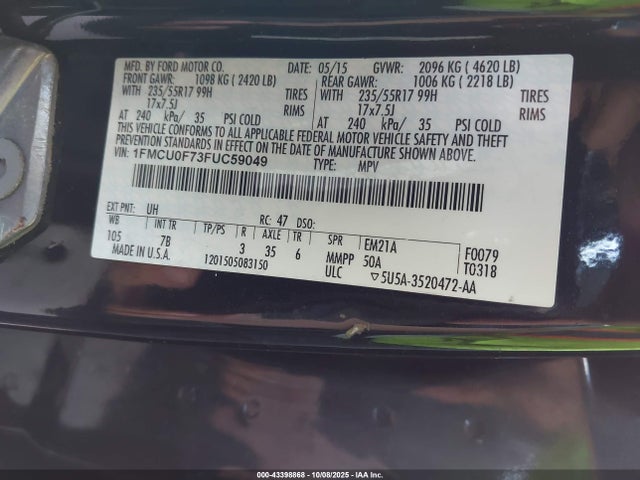 Ford ESCAPE S 2015 1FMCU0F73FUC59049 Image 9