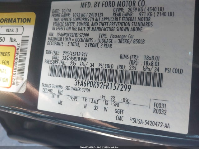 Ford Fusion 2015 3FA6P0K92FR157299 Image 9