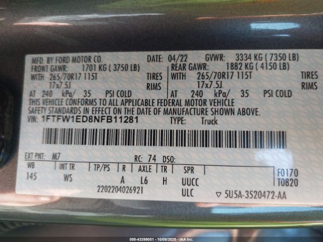 2022 FORD F-150 1FTFW1ED8NFB11281 Photo 8
