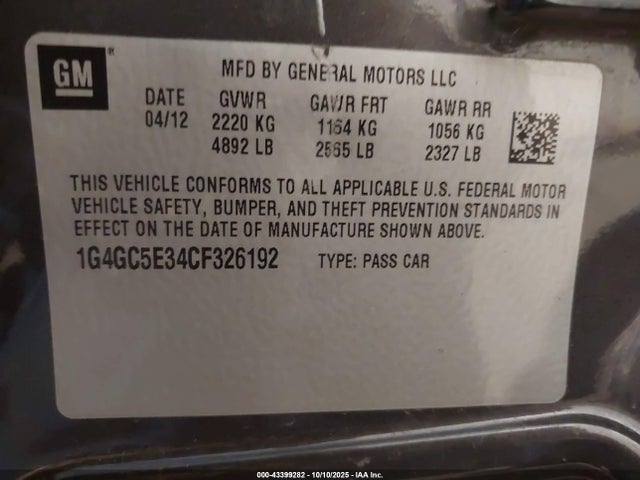 43399282 :رقم المزاد ، 1G4GC5E34CF326192 vin ، 2012 Buick Lacrosse Leather Group مزاد بيع
