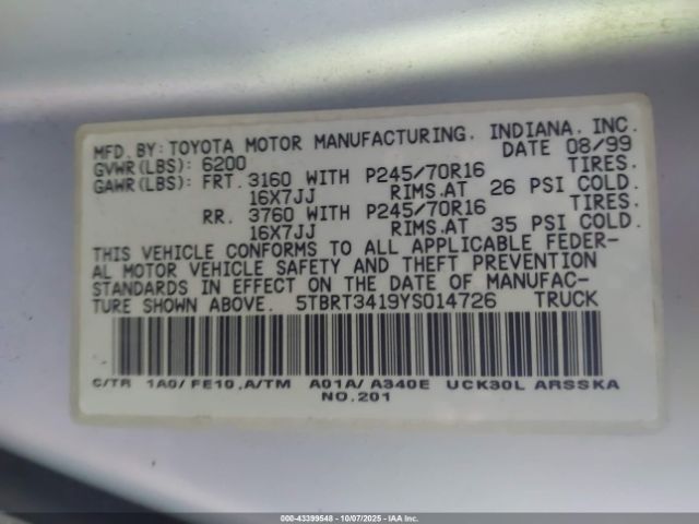 2000 TOYOTA TUNDRA 5TBRT3419YS014726 Photo 8