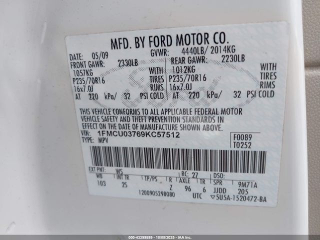 2009 FORD ESCAPE 1FMCU03769KC57512 Photo 8