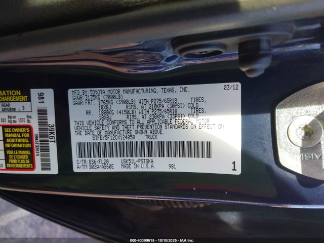 2012 Toyota Tundra Grade 5.7l V8 მანქანა იყიდება აუქციონზე, vin: 5TFEY5F12CX124858, აუქციონის ნომერი: 43399615