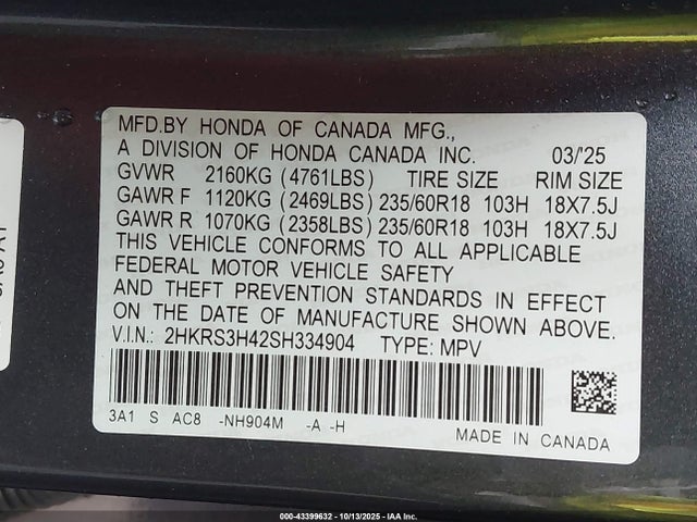 Honda Cr-v Ex 2wd 2025 2HKRS3H42SH334904 Image 9