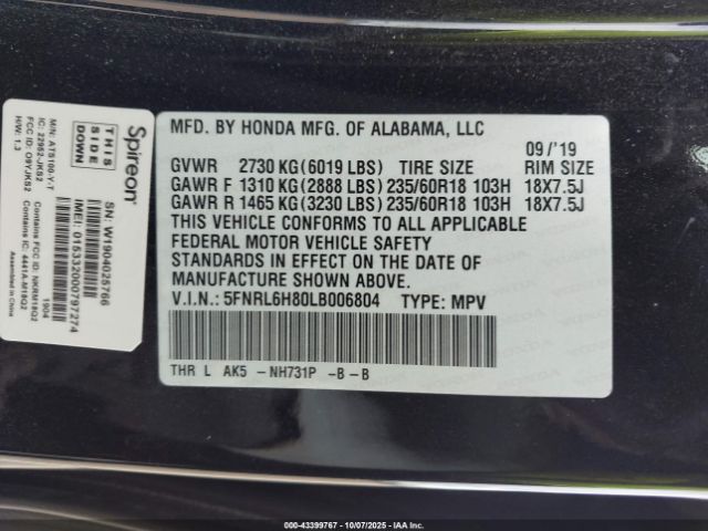 2020 HONDA ODYSSEY 5FNRL6H80LB006804 Photo 8