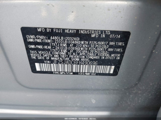 2015 Subaru Forester 2.5i Premium მანქანა იყიდება აუქციონზე, vin: JF2SJADC6FH490696, აუქციონის ნომერი: 43399826