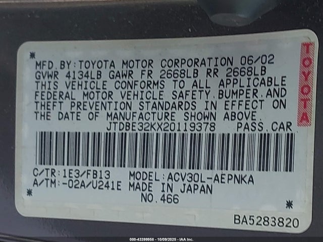 2002 Toyota Camry Le მანქანა იყიდება აუქციონზე, vin: JTDBE32KX20119378, აუქციონის ნომერი: 43399958